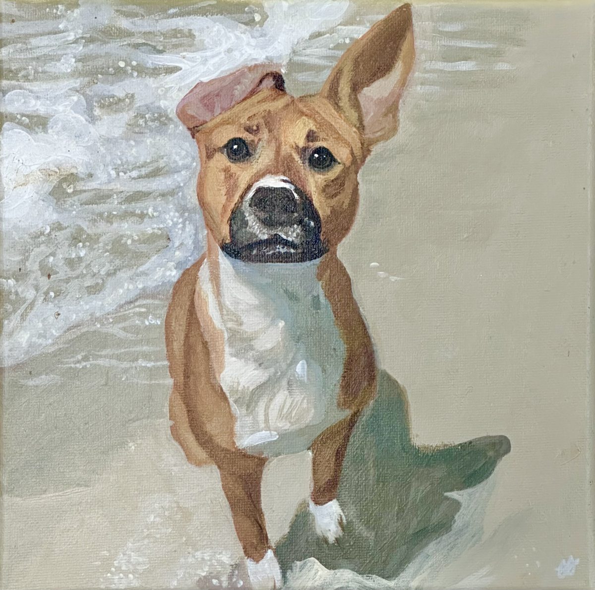 Painted portrait of Joon, a mixed-breed dog