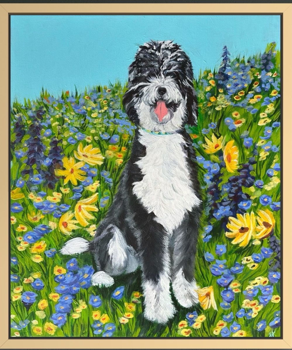 Painted portrait of Zoya, a Bernedoodle